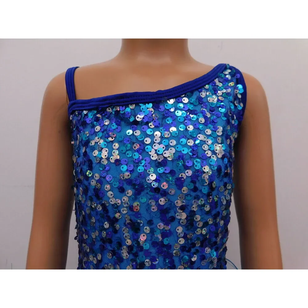 Pre-Owned Dance Costume Curtain Call E1062 XL Child Blue Jazz Sequin